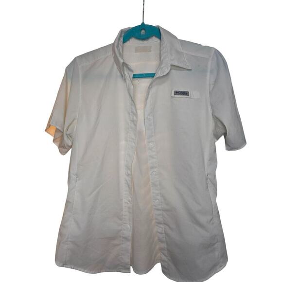 Columbia Womens White Short Sleeve Button-Up Shirt Lightweight Cooling Mesh Fish - Picture 1 of 14